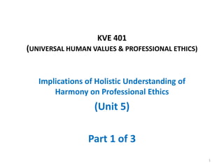 KVE 401
(UNIVERSAL HUMAN VALUES & PROFESSIONAL ETHICS)
Implications of Holistic Understanding of
Harmony on Professional Ethics
(Unit 5)
Part 1 of 3
1
 