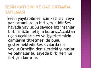 Sesin yayılabilmesi için katı sıvı veya
gaz ortamlardan biri gereklidir.Ses
havada yayılır.Bu sayede biz insanlar
birbirimizle iletişim kurarız.Alçaktan
uçan uçakların ev ve işyerlerimizin
camlarını titretmesi de bunu
göstermektedir.Ses sıvılarda da
yayılır.Örneğin denizlerdeki yunuslar
ve balinalar bu sayede birbirleri ile
iletişim kurarlar.
 