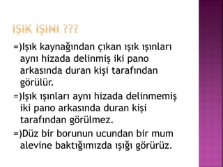 =)Işık kaynağından çıkan ışık ışınları
aynı hizada delinmiş iki pano
arkasında duran kişi tarafından
görülür.
=)Işık ışınları aynı hizada delinmemiş
iki pano arkasında duran kişi
tarafından görülmez.
=)Düz bir borunun ucundan bir mum
alevine baktığımızda ışığı görürüz.
 