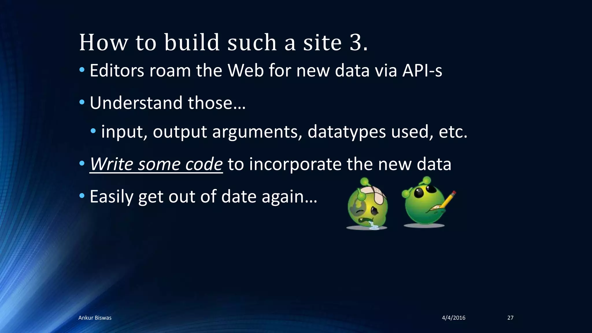How to build such a site 3.
• Editors roam the Web for new data via API-s
• Understand those…
• input, output arguments, datatypes used, etc.
• Write some code to incorporate the new data
• Easily get out of date again…
4/4/2016Ankur Biswas 27
 
