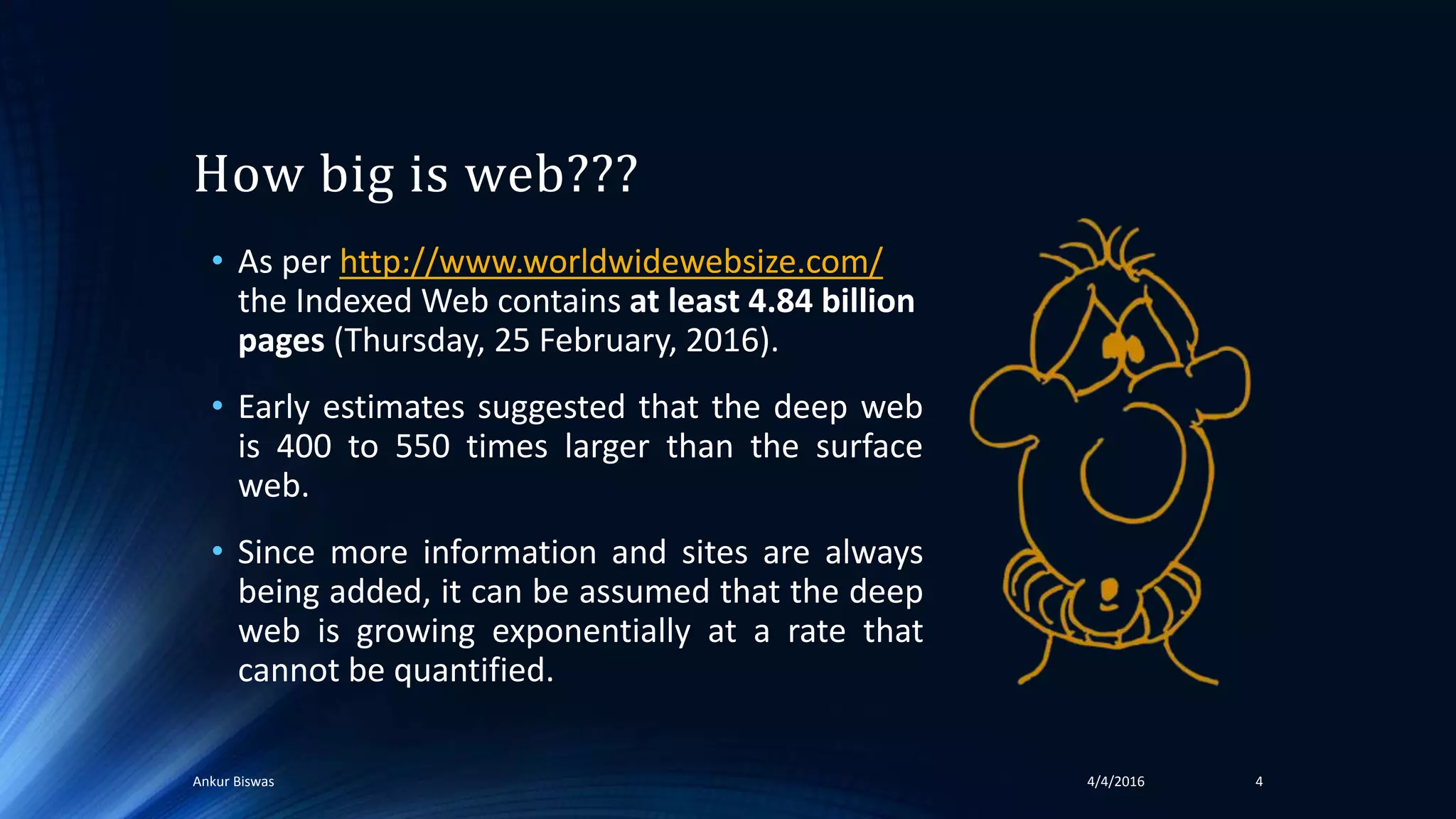 How big is web???
• As per http://www.worldwidewebsize.com/
the Indexed Web contains at least 4.84 billion
pages (Thursday, 25 February, 2016).
• Early estimates suggested that the deep web
is 400 to 550 times larger than the surface
web.
• Since more information and sites are always
being added, it can be assumed that the deep
web is growing exponentially at a rate that
cannot be quantified.
44/4/2016Ankur Biswas
 