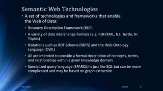 Semantic Web Technologies
• A set of technologies and frameworks that enable
the Web of Data:
• Resource Description Framework (RDF)
• A variety of data interchange formats (e.g. RDF/XML, N3, Turtle, N-
Triples)
• Notations such as RDF Schema (RDFS) and the Web Ontology
Language (OWL)
• All are intended to provide a formal description of concepts, terms,
and relationships within a given knowledge domain
• Specialized query language (SPARQL) is just like SQL but can be more
complicated and may be based on graph extraction
4/4/2016Ankur Biswas 22
 