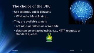 The choice of the BBC
• Use external, public datasets
• Wikipedia, MusicBrainz, …
• They are available as data
• not API-s or hidden on a Web site
• data can be extracted using, e.g., HTTP requests or
standard queries
4/4/2016Ankur Biswas 28
 