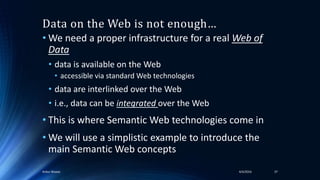 Data on the Web is not enough…
• We need a proper infrastructure for a real Web of
Data
• data is available on the Web
• accessible via standard Web technologies
• data are interlinked over the Web
• i.e., data can be integrated over the Web
• This is where Semantic Web technologies come in
• We will use a simplistic example to introduce the
main Semantic Web concepts
4/4/2016Ankur Biswas 37
 