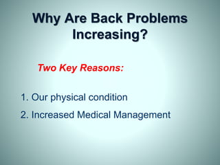 Why Are Back Problems
Increasing?
Two Key Reasons:
1. Our physical condition
2. Increased Medical Management
 