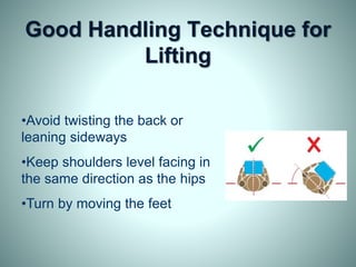 Good Handling Technique for
Lifting
•Avoid twisting the back or
leaning sideways
•Keep shoulders level facing in
the same direction as the hips
•Turn by moving the feet
 