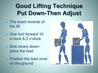Good Lifting Technique
Put Down-Then Adjust
 The exact reverse of
the lift
 One foot forward 10
o’clock & 2 o’clock
 Sink slowly down-
place the load
 Position the load once
on the ground
 