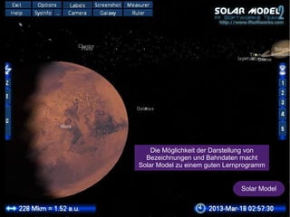 Die Möglichkeit der Darstellung von 
Bezeichnungen und Bahndaten macht 
Solar Model zu einem guten Lernprogramm 
Solar Model 
 