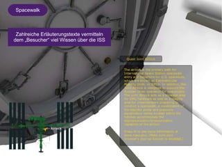 Spacewalk 
Zahlreiche Erläuterungstexte vermitteln 
dem „Besucher“ viel Wissen über die ISS 
 