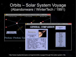 Orbits – Solar System Voyage 
(Abandonware / WinterTech / 1991) 
http://www.myabandonware.com/game/orbits-voyage-through-the-solar-system-18e 
 