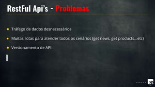 RestFul Api’s - Problemas
● Tráfego de dados desnecessários
● Muitas rotas para atender todos os cenários (get news, get products...etc)
● Versionamento de API
 