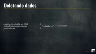 Deletando dados
mutation ($codigoBarras: ID!) {
deleteProduto(codigoBarras:
$codigoBarras)
}
{
"codigoBarras": "11111111111"
}
 