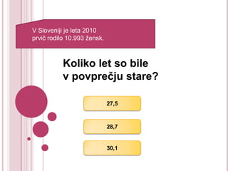 V Sloveniji je leta 2010
prvič rodilo 10.993 žensk.



           Koliko let so bile
           v povprečju stare?

                             27,5



                             28,7


                             30,1
 