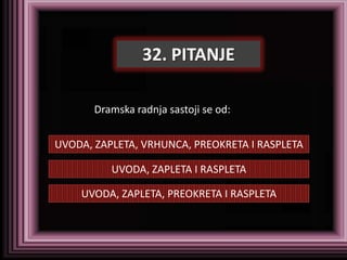 32. PITANJE

       Dramska radnja sastoji se od:


UVODA, ZAPLETA, VRHUNCA, PREOKRETA I RASPLETA

          UVODA, ZAPLETA I RASPLETA

    UVODA, ZAPLETA, PREOKRETA I RASPLETA
 