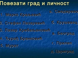 д. Цариградд. Цариград
1. Марко Краљевић1. Марко Краљевић
2. Стефан Лазаревић2. Стефан Лазаревић
3. Лазар Хребељановић3. Лазар Хребељановић
4. Ђурађ Бранковић4. Ђурађ Бранковић
5. Мурат5. Мурат
а. Смедеревоа. Смедерево
б. Крушевацб. Крушевац
в. Београдв. Београд
г. Прилепг. Прилеп
ПовезатиПовезати град и личностград и личност
 