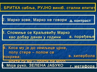 д. контраст
1. БРИТКА сабља, РУЈНО вино1. БРИТКА сабља, РУЈНО вино
2. Марко зове, Марко не говори2. Марко зове, Марко не говори
3. Спомиње се Краљевићу Марко3. Спомиње се Краљевићу Марко
као добар данак у годиникао добар данак у години
4. Коса му је до земљице црне,4. Коса му је до земљице црне,
полу стере – полом сеполу стере – полом се
покрива;покрива;
нокти су му – орати би могонокти су му – орати би мого
5. Моја руко, ЗЕЛЕНА ЈАБУКО5. Моја руко, ЗЕЛЕНА ЈАБУКО
б. стални епитетб. стални епитет
а. поређењеа. поређење
в. хиперболав. хипербола
г. метафораг. метафора
 