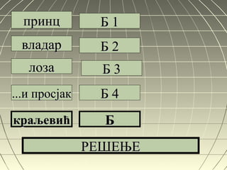 принцпринц
владарвладар
лозалоза
...и просјак...и просјак
краљевићкраљевић
Б 1Б 1
Б 2Б 2
Б 3Б 3
Б 4Б 4
ББ
РЕШЕЊЕРЕШЕЊЕ
 