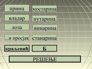 принцпринц
владар
лозалоза
...и просјак...и просјак
краљевићкраљевић
мостаринамостарина
путаринапутарина
винаринавинарина
станаринастанарина
ББ
РЕШЕЊЕРЕШЕЊЕ
 