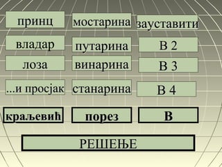 принцпринц
владар
лозалоза
...и просјак...и просјак
краљевићкраљевић
мостаринамостарина
путаринапутарина
винаринавинарина
станаринастанарина
порезпорез
зауставитизауставити
В 2В 2
В 3В 3
В 4В 4
ВВ
РЕШЕЊЕРЕШЕЊЕ
 