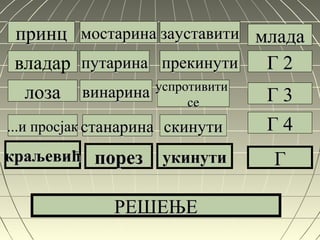 принцпринц
владар
лозалоза
...и просјак...и просјак
краљевићкраљевић
мостаринамостарина
путаринапутарина
винаринавинарина
станаринастанарина
порезпорез
зауставитизауставити
успротивитиуспротивити
сесе
скинутискинути
укинутиукинути
младамлада
Г 2Г 2
Г 3Г 3
Г 4Г 4
ГГ
РЕШЕЊЕРЕШЕЊЕ
прекинутипрекинути
 