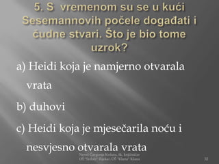 a) Heidi koja je namjerno otvarala
  vrata
b) duhovi
c) Heidi koja je mjesečarila noću i
  nesvjesno otvarala vrata
             Nensi Čargonja Košuta, šk. knjižničar
             OŠ "Srdoči" Rijeka i OŠ "Klana" Klana   32
 