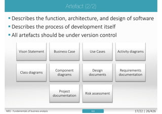  Requirements Engineering
 Sub-discipline of System Engineering, focused on determining, developing and
managing the requirements of hardware and software systems
 According to CMMI, Requirements Engineering encompasses Requirements
Management and Requirements Development.
 Requirements Management
 A continuous process of eliciting, documenting, analyzing, tracing, prioritizing,
communicating, agreeing on requirements and managing requirements' changes
 Requirements Development
 Collection of activities, tasks, techniques and tools to identify, analyze and
validate requirements on the different abstraction levels
1.1M01 - Fundamentals of requirement engineering 17/27 | 26/523
 