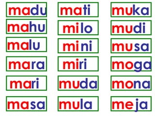 ma du ma hu ma lu ma ra ma ri ma sa ma ti mi lo mi ni mi ri mu da mu la mu ka mu di mu sa mo ga mo na me ja 