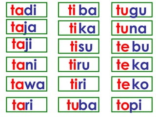 ta di ta ja ta ji  ta ni ta wa ta ri ti ba ti ka ti su ti ru ti ri tu ba tu gu tu na te bu te ka te ko to pi 