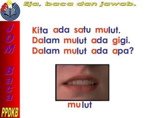 Kita ada satu mulut.
Dalam mulut ada gigi.
Dalam mulut ada apa?
mulut
 