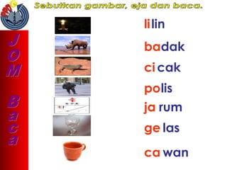 lilin
badak
ci cak
polis
ja rum
ge las
ca wan
 