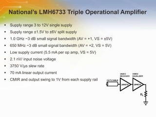 National’s LMH6733 Triple Operational Amplifier  Supply range 3 to 12V single supply Supply range ±1.5V to ±6V split supply 1.0 GHz −3 dB small signal bandwidth (AV = +1, VS = ±5V) 650 MHz −3 dB small signal bandwidth (AV = +2, VS = 5V) Low supply current (5.5 mA per op amp, VS = 5V) 2.1 nV/ input noise voltage 3750 V/μs slew rate 70 mA linear output current CMIR and output swing to 1V from each supply rail 