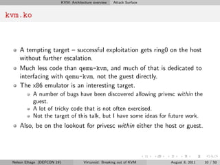 KVM: Architecture overview   Attack Surface


kvm.ko


    A tempting target – successful exploitation gets ring0 on the h...