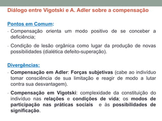 Diálogo entre Vigotski e A. Adler sobre a compensação
Pontos em Comum:
- Compensação orienta um modo positivo de se conceber a
deficiência;
- Condição de lesão orgânica como lugar da produção de novas
possibilidades (dialética defeito-superação).
Divergências:
- Compensação em Adler: Forças subjetivas (cabe ao indivíduo
tomar consciência de sua limitação e reagir de modo a lutar
contra sua desvantagem).
- Compensação em Vigotski: complexidade da constituição do
indivíduo nas relações e condições de vida; os modos de
participação nas práticas sociais e às possibilidades de
significação.
 