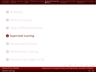 AI Models Machine Learning Types of Machine Learning Supervised Learning Unsupervised Learning Reinforcement Learning P
1 AI Models
2 Machine Learning
3 Types of Machine Learning
4 Supervised Learning
5 Unsupervised Learning
6 Reinforcement Learning
7 Practical Case studies on AI.
Manash Kumar Mondal Department of Computer Science and Engineering University of Kalyani
Machine Learning 17 / 39
 