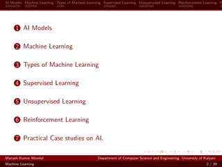 AI Models Machine Learning Types of Machine Learning Supervised Learning Unsupervised Learning Reinforcement Learning P
1 AI Models
2 Machine Learning
3 Types of Machine Learning
4 Supervised Learning
5 Unsupervised Learning
6 Reinforcement Learning
7 Practical Case studies on AI.
Manash Kumar Mondal Department of Computer Science and Engineering University of Kalyani
Machine Learning 2 / 39
 