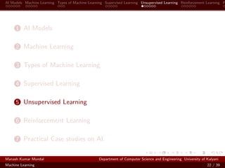 AI Models Machine Learning Types of Machine Learning Supervised Learning Unsupervised Learning Reinforcement Learning P
1 AI Models
2 Machine Learning
3 Types of Machine Learning
4 Supervised Learning
5 Unsupervised Learning
6 Reinforcement Learning
7 Practical Case studies on AI.
Manash Kumar Mondal Department of Computer Science and Engineering University of Kalyani
Machine Learning 22 / 39
 