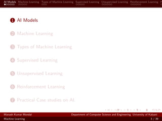 AI Models Machine Learning Types of Machine Learning Supervised Learning Unsupervised Learning Reinforcement Learning P
1 AI Models
2 Machine Learning
3 Types of Machine Learning
4 Supervised Learning
5 Unsupervised Learning
6 Reinforcement Learning
7 Practical Case studies on AI.
Manash Kumar Mondal Department of Computer Science and Engineering University of Kalyani
Machine Learning 3 / 39
 