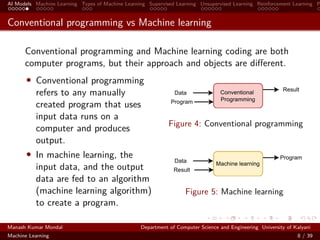AI Models Machine Learning Types of Machine Learning Supervised Learning Unsupervised Learning Reinforcement Learning P
Conventional programming vs Machine learning
Conventional programming and Machine learning coding are both
computer programs, but their approach and objects are diﬀerent.
• Conventional programming
refers to any manually
created program that uses
input data runs on a
computer and produces
output.
• In machine learning, the
input data, and the output
data are fed to an algorithm
(machine learning algorithm)
to create a program.
Figure 4: Conventional programming
Figure 5: Machine learning
Manash Kumar Mondal Department of Computer Science and Engineering University of Kalyani
Machine Learning 8 / 39
 