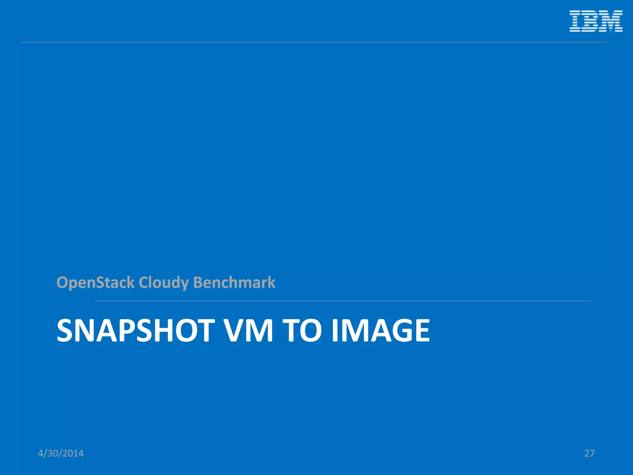 Cloudy Performance: Serial VM Boot
5/11/2014 27
y = 0.0095x + 1.008
y = 0.3582x + 1.0633
0
5
10
15
20
25
1 3 5 7 9 11 13 15 17 19 21 23 25 27 29 31 33 35 37 39 41 43 45 47 49 51
UsrCPUInPercent
Time (8s - 58s)
Docker / KVM: Serial VM Boot Usr CPU (segment: 8s - 58s)
docker(8-58)
kvm(8-58)
Linear (docker(8-58))
Linear (kvm(8-58))
8 seconds 58 seconds
Document v2.0
 