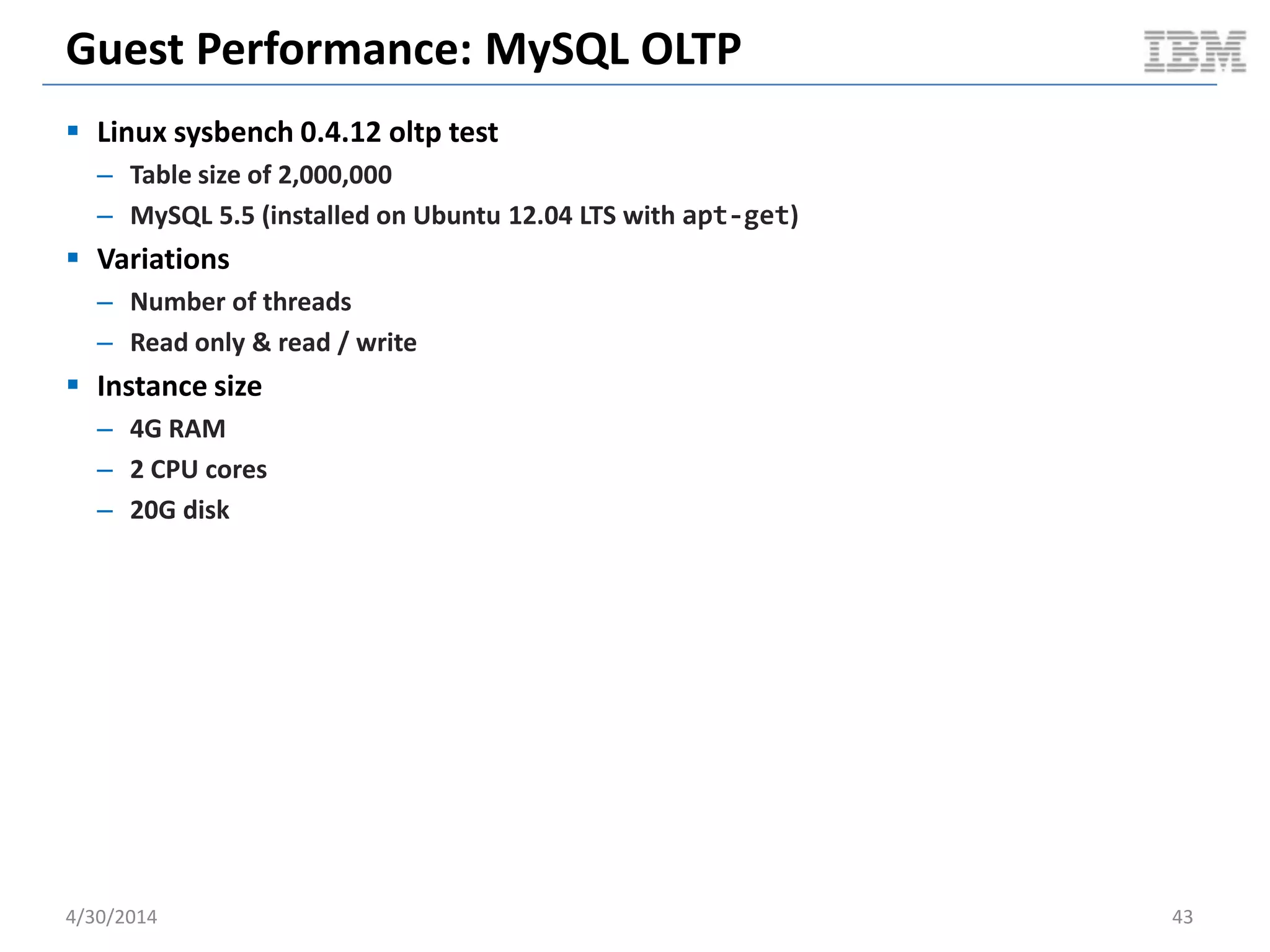 Cloudy Performance: Snapshot VM To Image
5/11/2014 43
1.48E+09
1.5E+09
1.52E+09
1.54E+09
1.56E+09
1.58E+09
1.6E+09
1.62E+09
1.64E+09
1.66E+09
1.68E+09
1
4
7
10
13
16
19
22
25
28
31
34
37
40
43
46
49
52
55
58
61
64
67
70
73
76
79
82
85
88
91
94
97
100
103
106
109
112
115
MemoryUsed
Time
KVM: Compute Node Used Memory
Memory
Delta
114 MB
1.6E+09
1.61E+09
1.62E+09
1.63E+09
1.64E+09
1.65E+09
1.66E+09
1.67E+09
1.68E+09
1.69E+09
1.7E+09
1 3 5 7 9 11 13 15 17 19 21 23 25 27 29 31 33 35 37 39 41 43 45 47 49 51 53 55 57 59 61 63 65
MemoryUsed
Time
Docker: Compute Node Memory Used
Memory
Delta
57 MB
Document v2.0
 