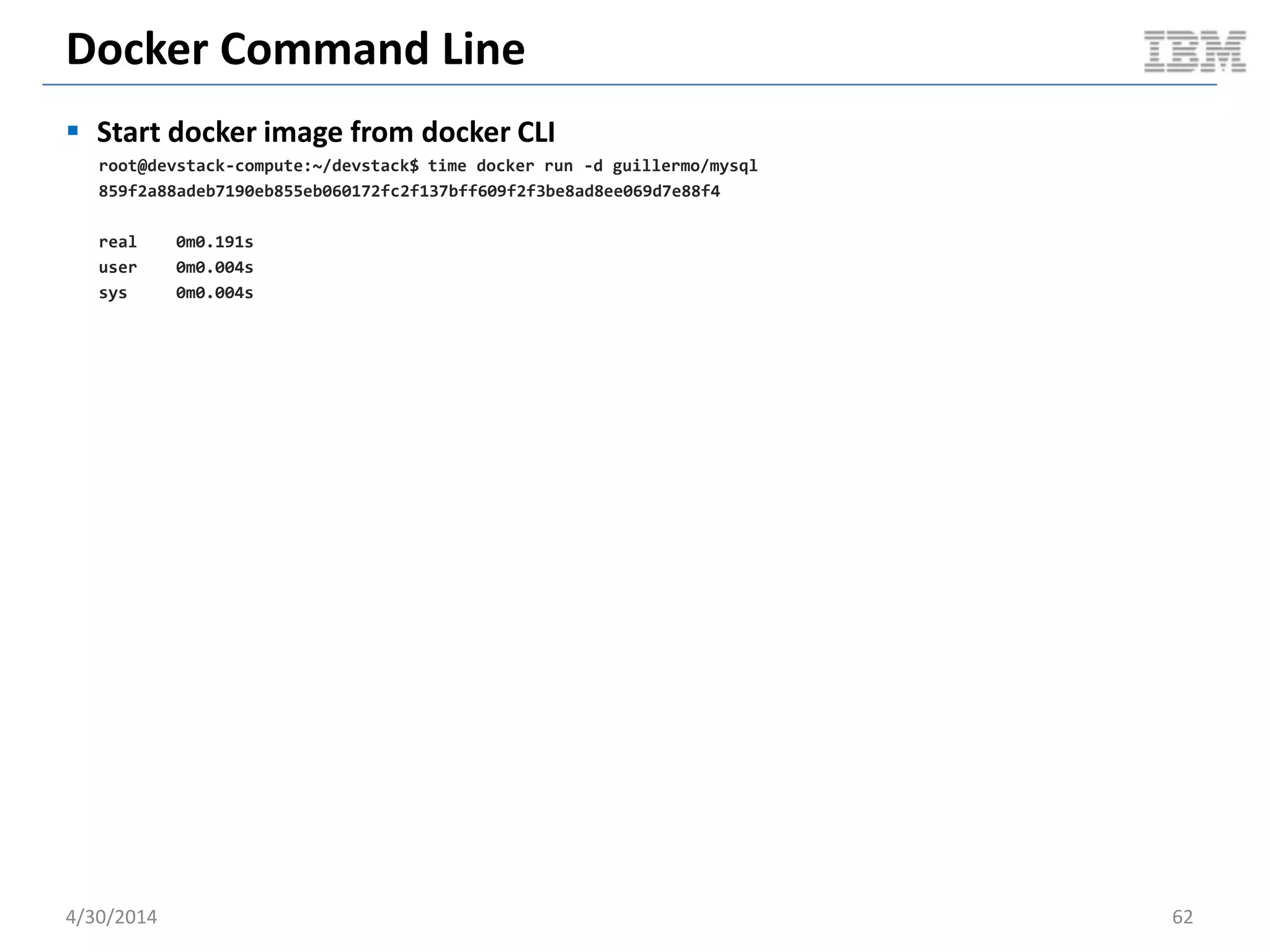 Guest Performance: BlogBench
 Blogbench 1.1
– Test duration of 5m
– Average results over 5 iterations of test
 Instance size
– 4G RAM
– 2 CPU cores
– 200G disk
 KVM specs
– Disk cache mode set to none
– Virtio
– Deadline scheduler (host & guest)
 Docker specs
– AUFS storage driver
– Deadline scheduler
5/11/2014 62Document v2.0
 
