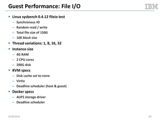 Cloudy Performance: Snapshot VM To Image
 Benchmark scenario overview
– Pre-cache VM image on compute node prior to test
– Boot a VM
– Wait for it to become ACTIVE
– Snapshot the VM
– Wait for image to become ACTIVE
– Delete VM
 Benchmark driver
– OpenStack Rally
 High level goals
– Understand cloudy ops times from a user perspective
5/11/2014 40Document v2.0
 