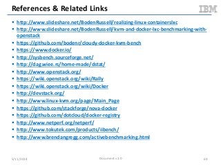 References & Related Links
 http://www.slideshare.net/BodenRussell/realizing-linux-containerslxc
 http://www.slideshare.net/BodenRussell/kvm-and-docker-lxc-benchmarking-with-
openstack
 https://github.com/bodenr/cloudy-docker-kvm-bench
 https://www.docker.io/
 http://sysbench.sourceforge.net/
 http://dag.wiee.rs/home-made/dstat/
 http://www.openstack.org/
 https://wiki.openstack.org/wiki/Rally
 https://wiki.openstack.org/wiki/Docker
 http://devstack.org/
 http://www.linux-kvm.org/page/Main_Page
 https://github.com/stackforge/nova-docker
 https://github.com/dotcloud/docker-registry
 http://www.netperf.org/netperf/
 http://www.tokutek.com/products/iibench/
 http://www.brendangregg.com/activebenchmarking.html
5/11/2014 69Document v2.0
 
