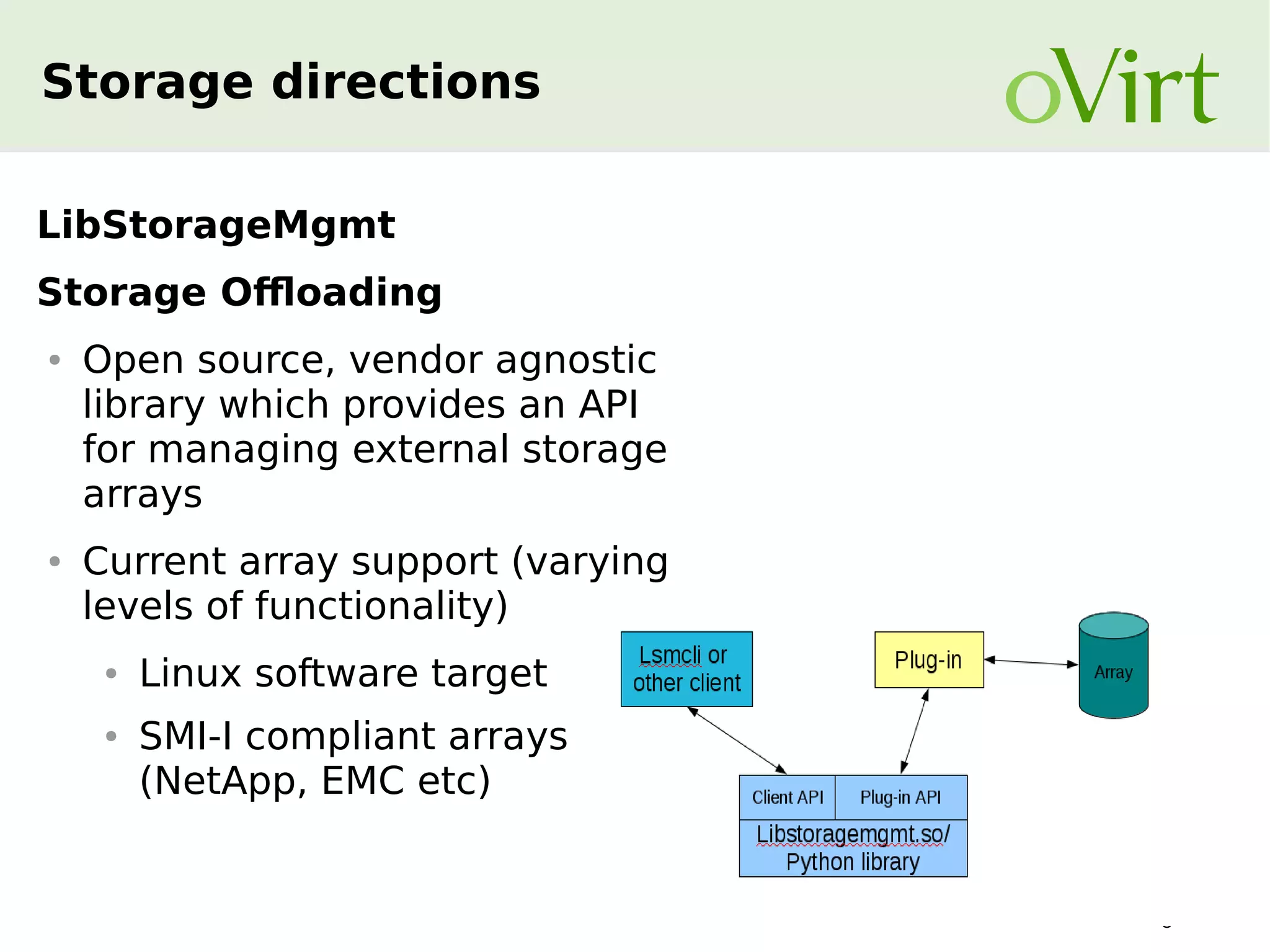 Storage directions
LibStorageMgmt
Storage Offloading
●

●

Open source, vendor agnostic
library which provides an API
for managing external storage
arrays
Current array support (varying
levels of functionality)
●

●

Linux software target
SMI-I compliant arrays
(NetApp, EMC etc)

5

 
