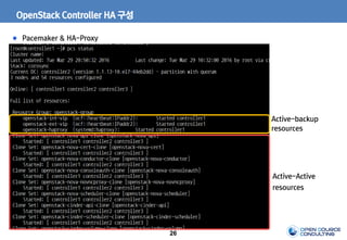 26
OpenStack Controller HA 구성
Pacemaker & HA-Proxy
Active-backup
resources
Active-Active
resources
 