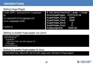 34
OpenStack Tuning
# echo 2048 > /proc/sys/vm/nr_hugepages
Or
# vi /etc/sysctl.d/10-hugepage.conf
vm.nr_hugepages=2048
# sysctl -p
Setting Huge-Pages
# virsh edit <vm name>
<memoryBacking>
<hugepages>
<page size='2048' unit='KiB' nodeset='0'/>
</hugepages>
</memoryBacking>
Setting to enable huge-pages via Libvirt
# nova flavor-key <flavor-ID> set hw:mem_page_size=<Number of Huge pages>
Setting to enable huge-pages to nova
# cat /proc/meminfo | grep -i huge
AnonHugePages: 13791232 kB
HugePages_Total: 2048
HugePages_Free: 2048
HugePages_Rsvd: 0
HugePages_Surp: 0
Hugepagesize: 2048 kB
 
