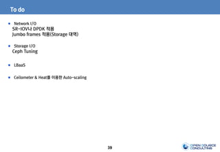 39
To do
Network I/O
SR-IOV나 DPDK 적용
Jumbo frames 적용(Storage 대역)
Storage I/O
Ceph Tuning
LBaaS
Ceilometer & Heat를 이용한 Auto-scaling
 