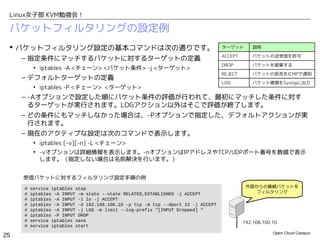 Linux女子部 KVM勉強会！

 パケットフィルタリングの設定例
  パケットフィルタリング設定の基本コマンドは次の通りです。                                                   ターゲット        説明

                                                                                  ACCEPT       パケットの送受信を許可
     – 指定条件にマッチするパケットに対するターゲットの定義
                                                                                  DROP         パケットを破棄する
          • iptables -A <チェーン> <パケット条件> -j <ターゲット>
                                                                                  REJECT       パケットの拒否をICMPで通知
     – デフォルトターゲットの定義
                                                                                  LOG          パケット情報をSyslogに出力
          • iptables -P <チェーン> <ターゲット>
     – -Aオプションで設定した順にパケット条件の評価が行われて、最初にマッチした条件に対す
       るターゲットが実行されます。LOGアクション以外はそこで評価が終了します。
     – どの条件にもマッチしなかった場合は、-Pオプションで指定した、デフォルトアクションが実
       行されます。
     – 現在のアクティブな設定は次のコマンドで表示します。
          • iptables [-v][-n] -L <チェーン>
          • -vオプションは詳細情報を表示します。-nオプションはIPアドレスやTCP/UDPポート番号を数値で表示
            します。（指定しない場合は名前解決を行います。）


     受信パケットに対するフィルタリング設定手順の例
     #   service iptables stop                                                              外部からの接続パケットを
     #   iptables -A INPUT -m state --state RELATED,ESTABLISHED -j ACCEPT                     フィルタリング
     #   iptables -A INPUT -i lo -j ACCEPT
     #   iptables -A INPUT -d 192.168.100.10 -p tcp -m tcp --dport 22 -j ACCEPT
     #   iptables -A INPUT -j LOG -m limit --log-prefix "[INPUT Dropped] "
     #   iptables -P INPUT DROP
     #   service iptables save                                                             192.168.100.10
     #   service iptables start
                                                                                                       Open Cloud Campus
25
 