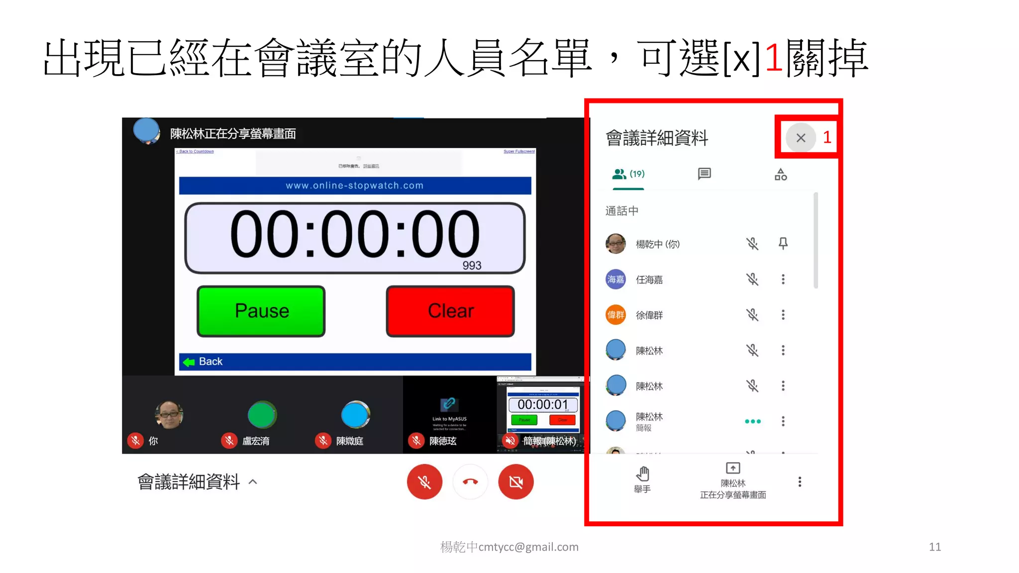 出現已經在會議室的人員名單，可選[x]1關掉
楊乾中cmtycc@gmail.com 11
1
 