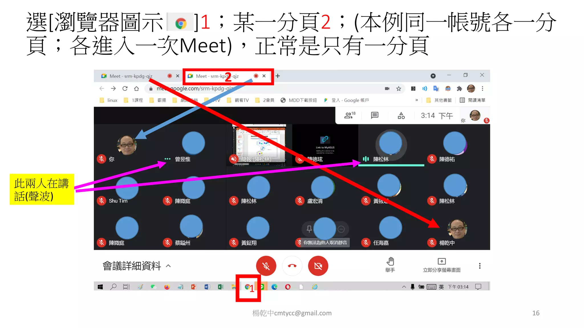 選[瀏覽器圖示 ]1；某一分頁2；(本例同一帳號各一分
頁；各進入一次Meet)，正常是只有一分頁
楊乾中cmtycc@gmail.com 16
1
2
此兩人在講
話(聲波)
 